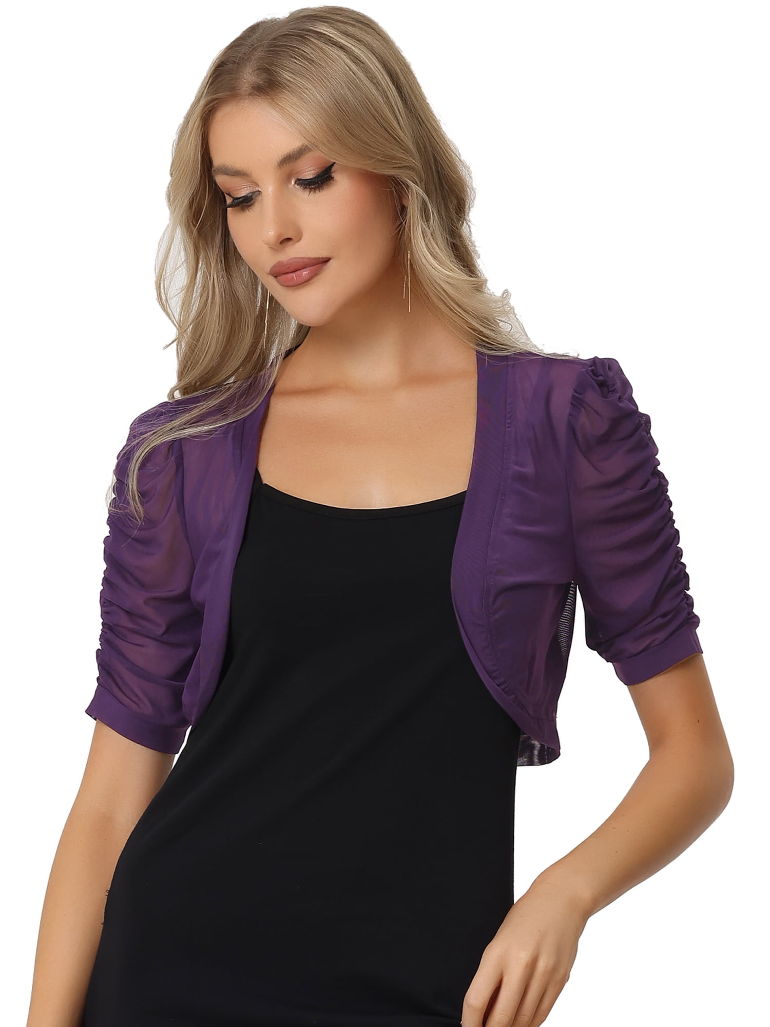 DARING DIVA Women's Mesh Sheer Shrug Cropped Cardigan Bolero S Purple