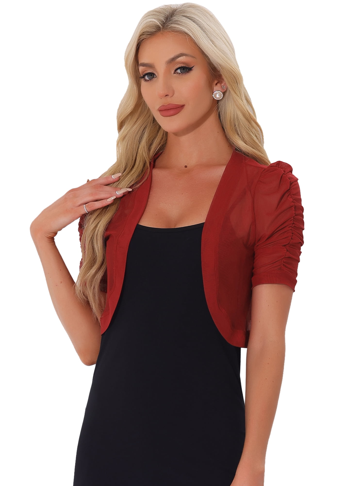 DARING DIVA Women's Mesh Sheer Shrug Cropped Cardigan Bolero S Red