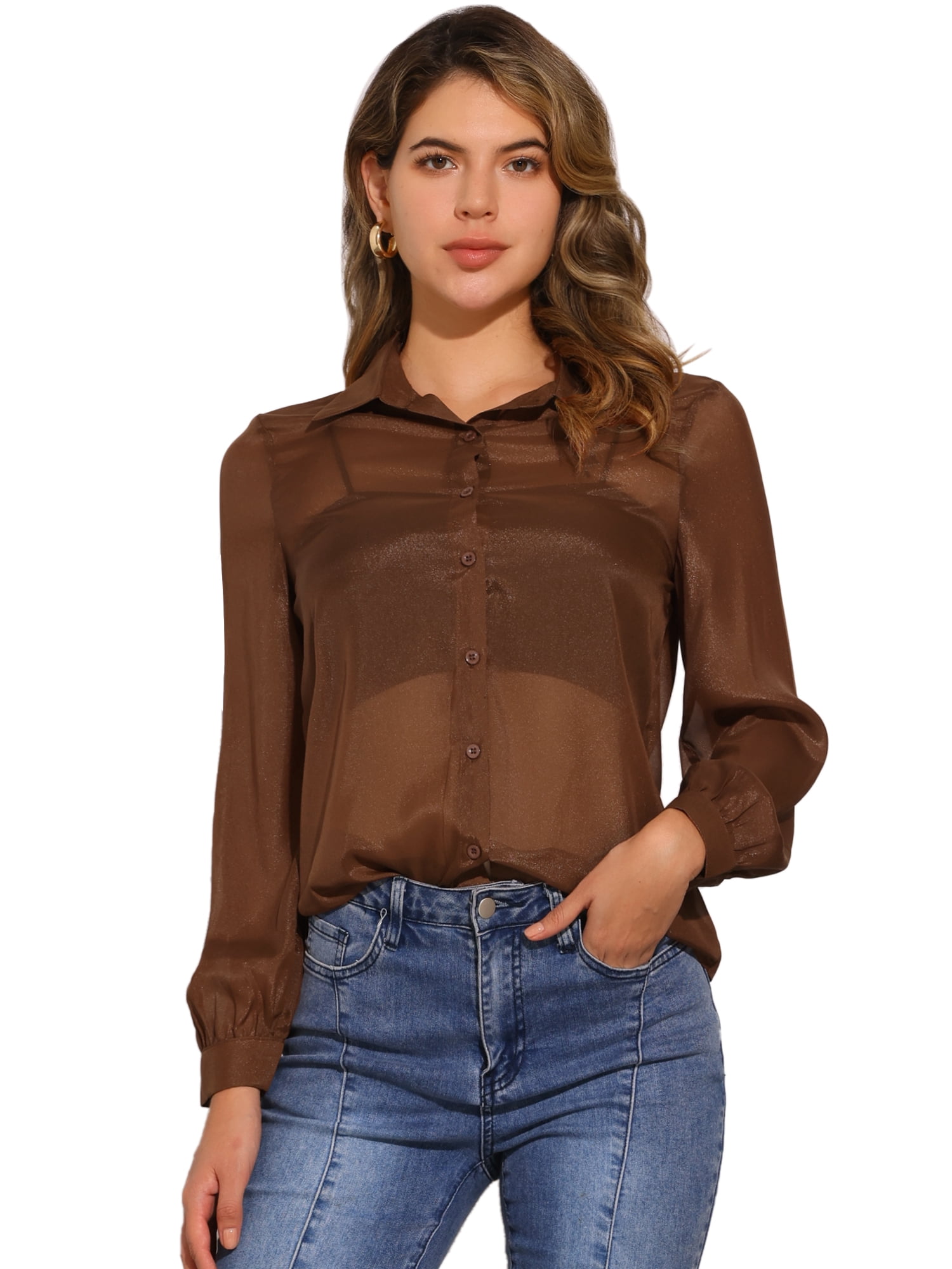 DARING DIVA Women's Mesh Sheer Tops Point Collar Button Down Shirt M Brown