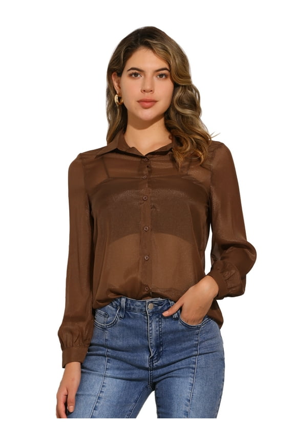 Women's Mesh Sheer Tops Point Collar Button Down Shirt M Brown