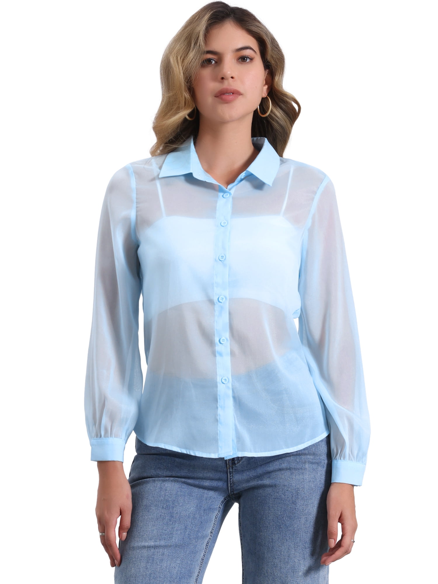 DARING DIVA Women's Mesh Sheer Tops Point Collar Button Down Shirt S Light Blue