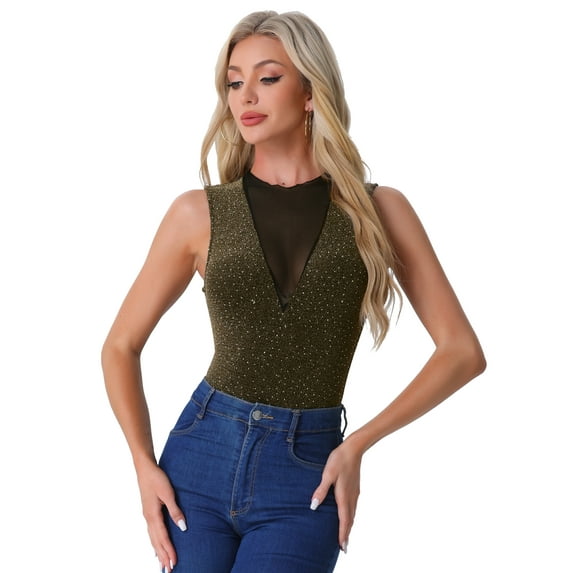 DARING DIVA Women's Mesh Tops Glitter Party Club Sparkly Shirt L Black Gold