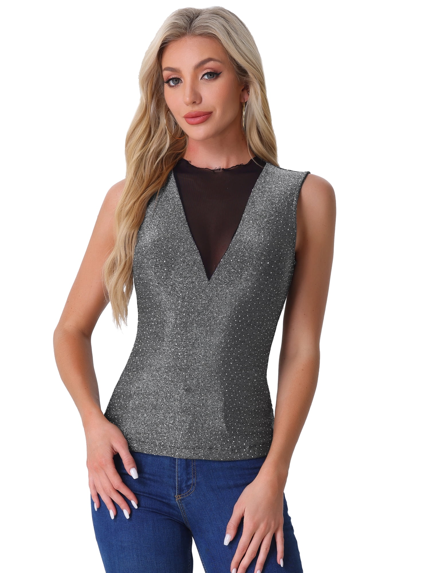 DARING DIVA Women's Mesh Tops Glitter Party Club Sparkly Shirt M Black Silver