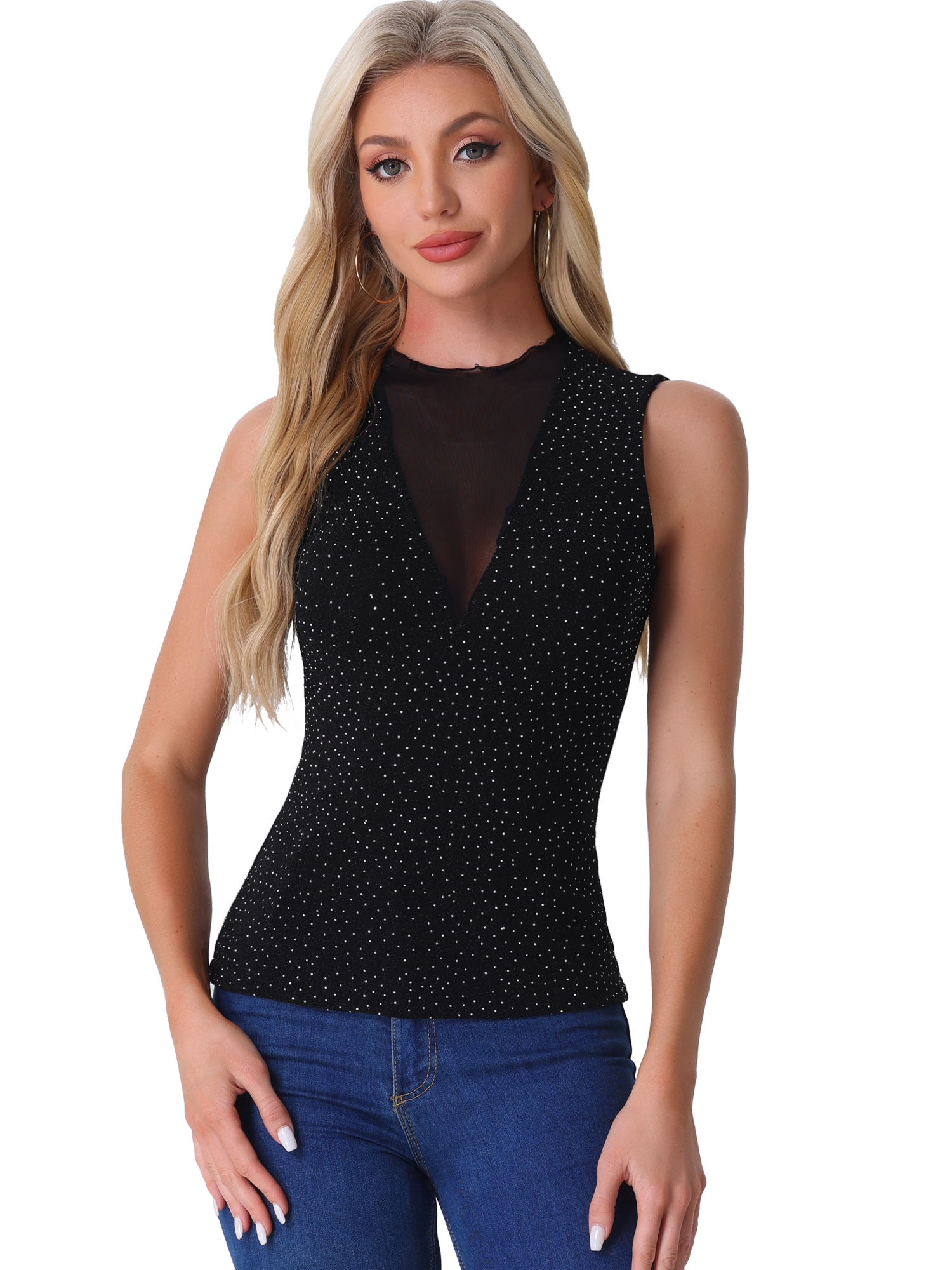 DARING DIVA Women's Mesh Tops Glitter Party Club Sparkly Shirt M Black