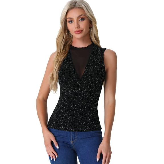 DARING DIVA Women's Mesh Tops Glitter Party Club Sparkly Shirt M Black