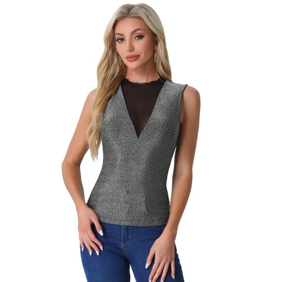 DARING DIVA Women's Mesh Tops Glitter Party Club Sparkly Shirt XS Black Silver