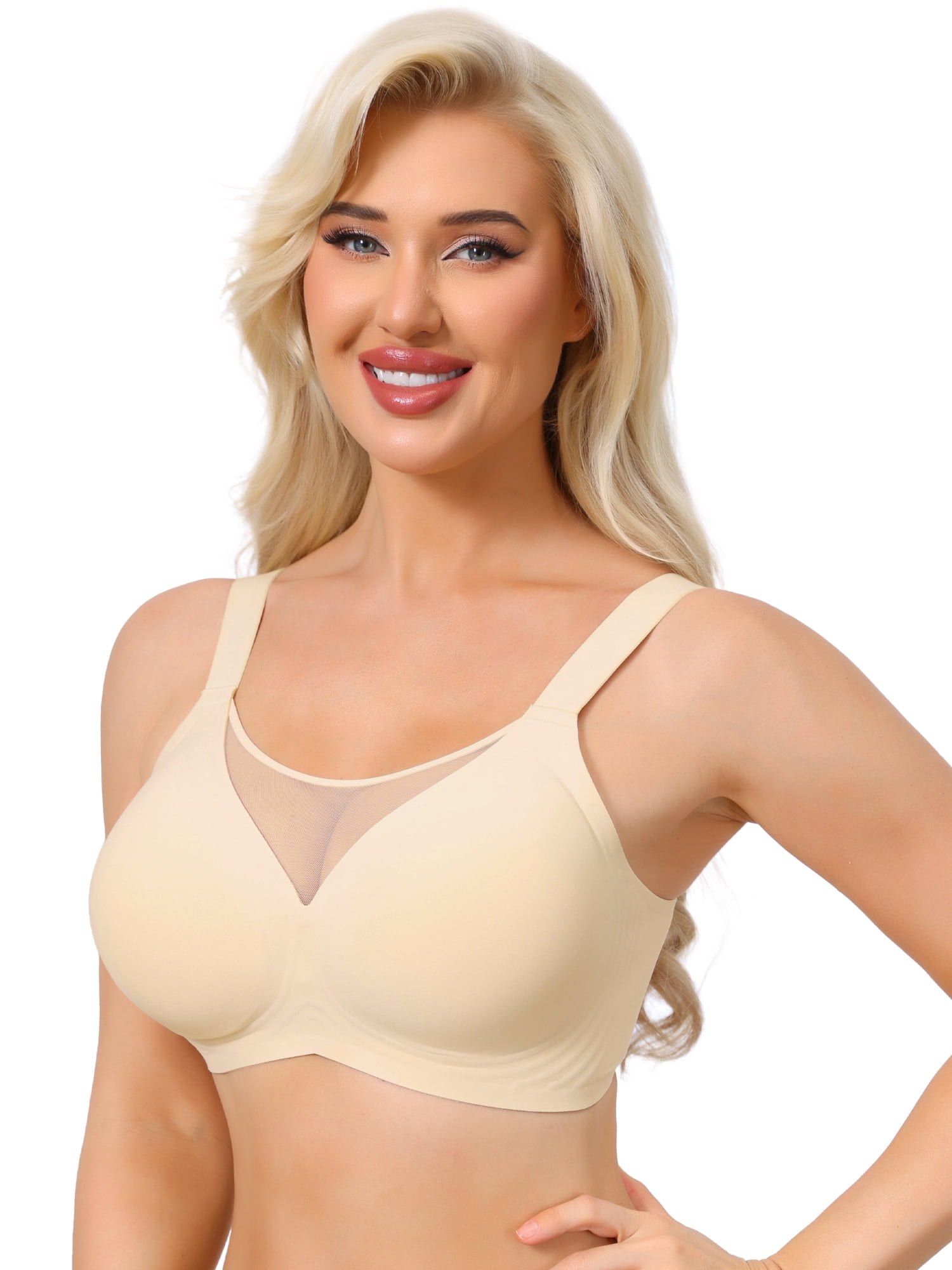 DARING DIVA Women's Mesh V-Neck Wirefree Seamless Soft Bras M Beige