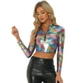 thumbnail image 1 of DARING DIVA Women's Metallic Crop Top Long Sleeve Shiny Tops M Multicolor Black, 1 of 6