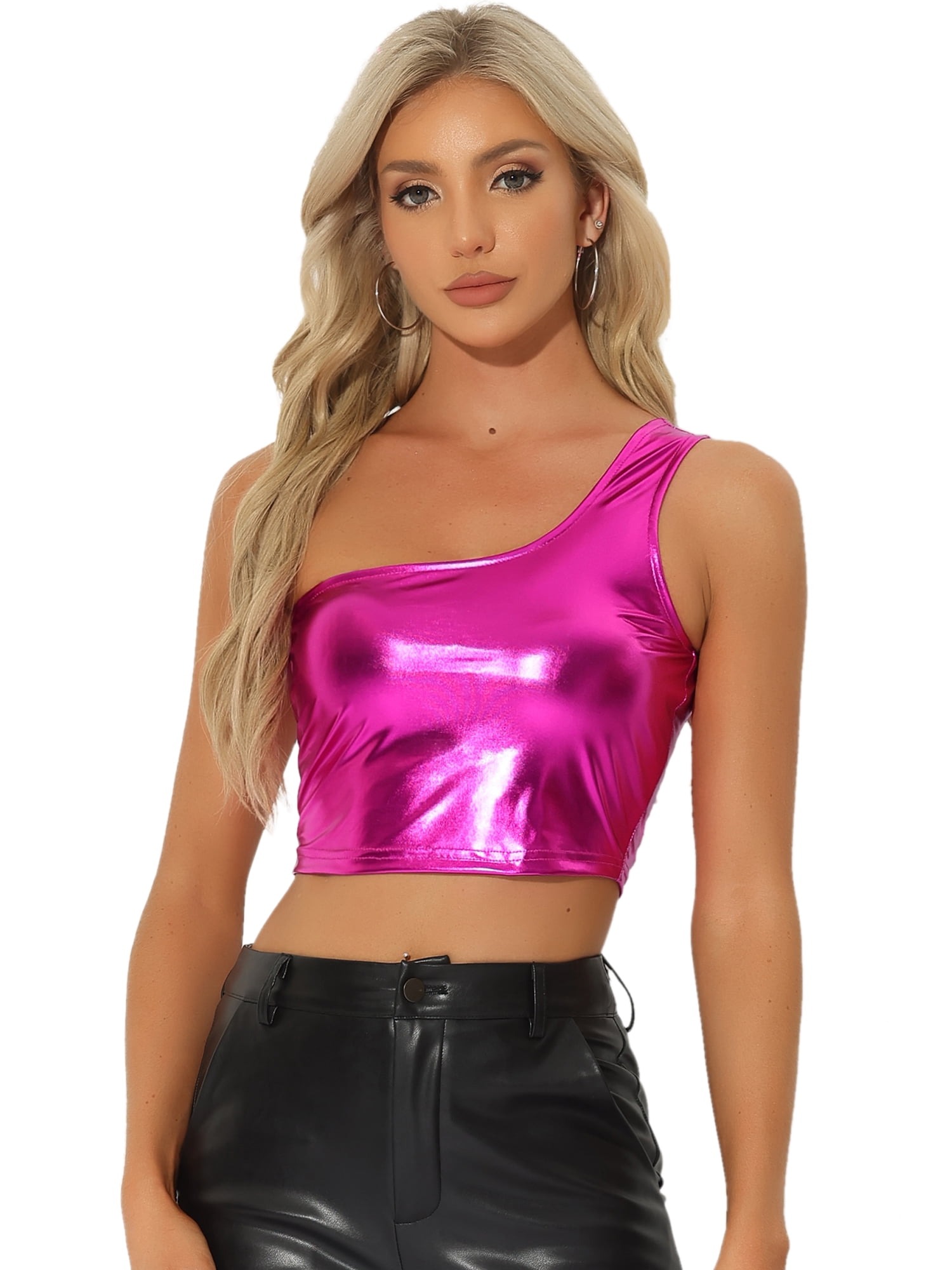 DARING DIVA Women's Metallic Cropped Top One Shoulder Blouse M Hot Pink