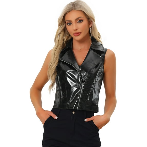 DARING DIVA Women's Metallic Faux Leather Lapel Collar Zip Cropped Vest M Black