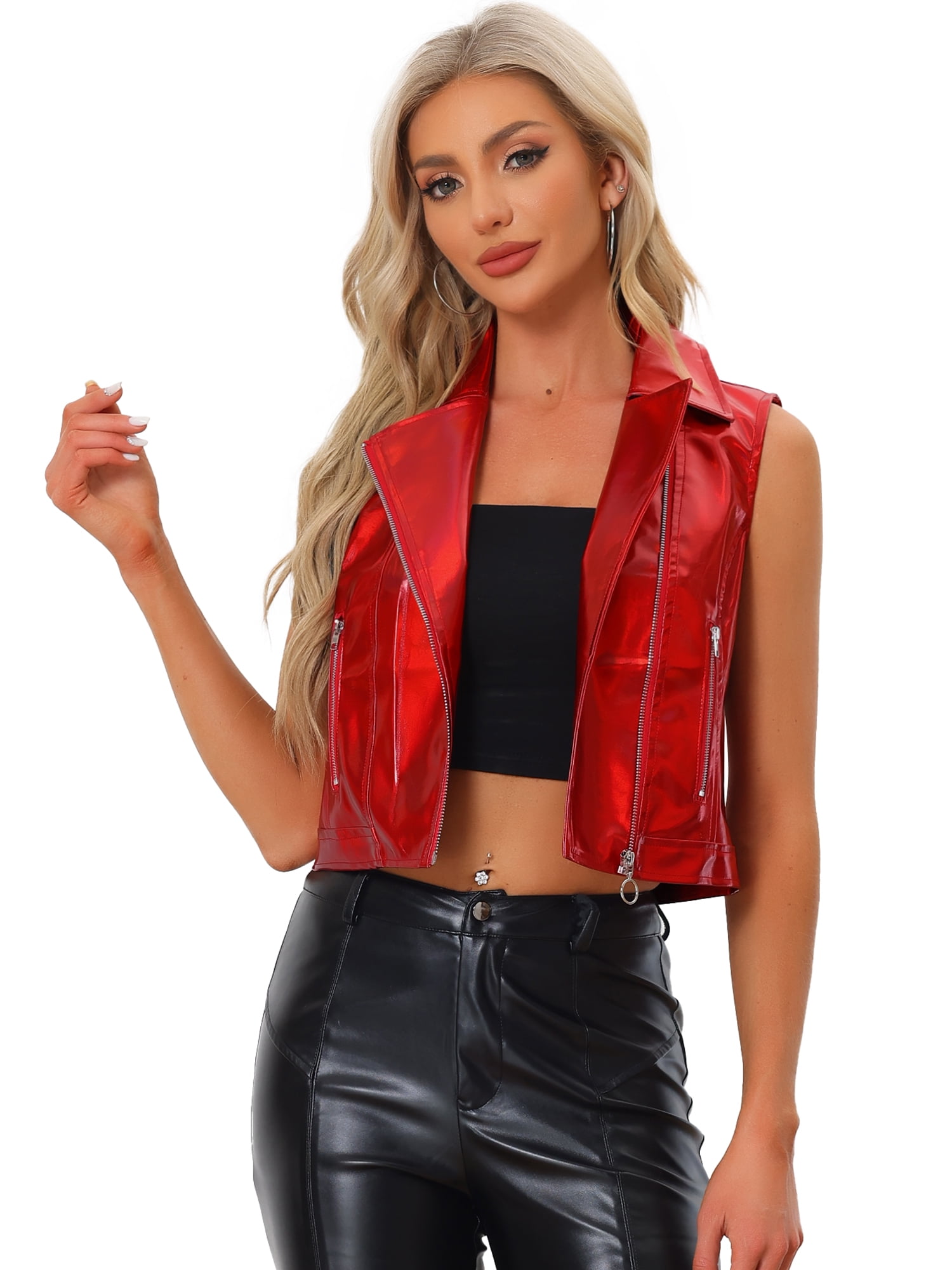DARING DIVA Women's Metallic Faux Leather Lapel Collar Zip Cropped Vest M Red