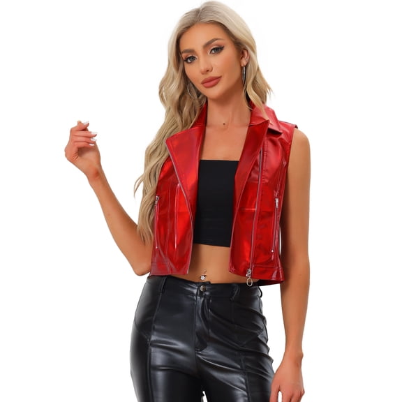 DARING DIVA Women's Metallic Faux Leather Lapel Collar Zip Cropped Vest M Red