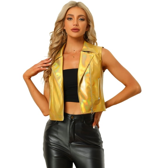DARING DIVA Women's Metallic Faux Leather Lapel Collar Zip Cropped Vest S Gold