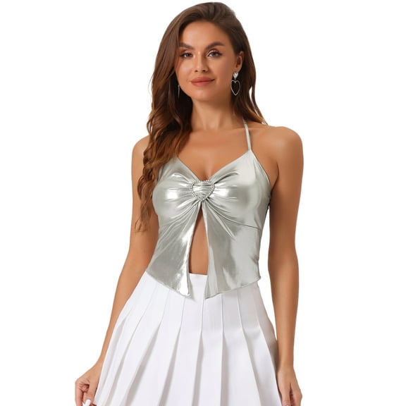 DARING DIVA Women's Metallic Halter Neck Clubwear Cami Top XS Silver