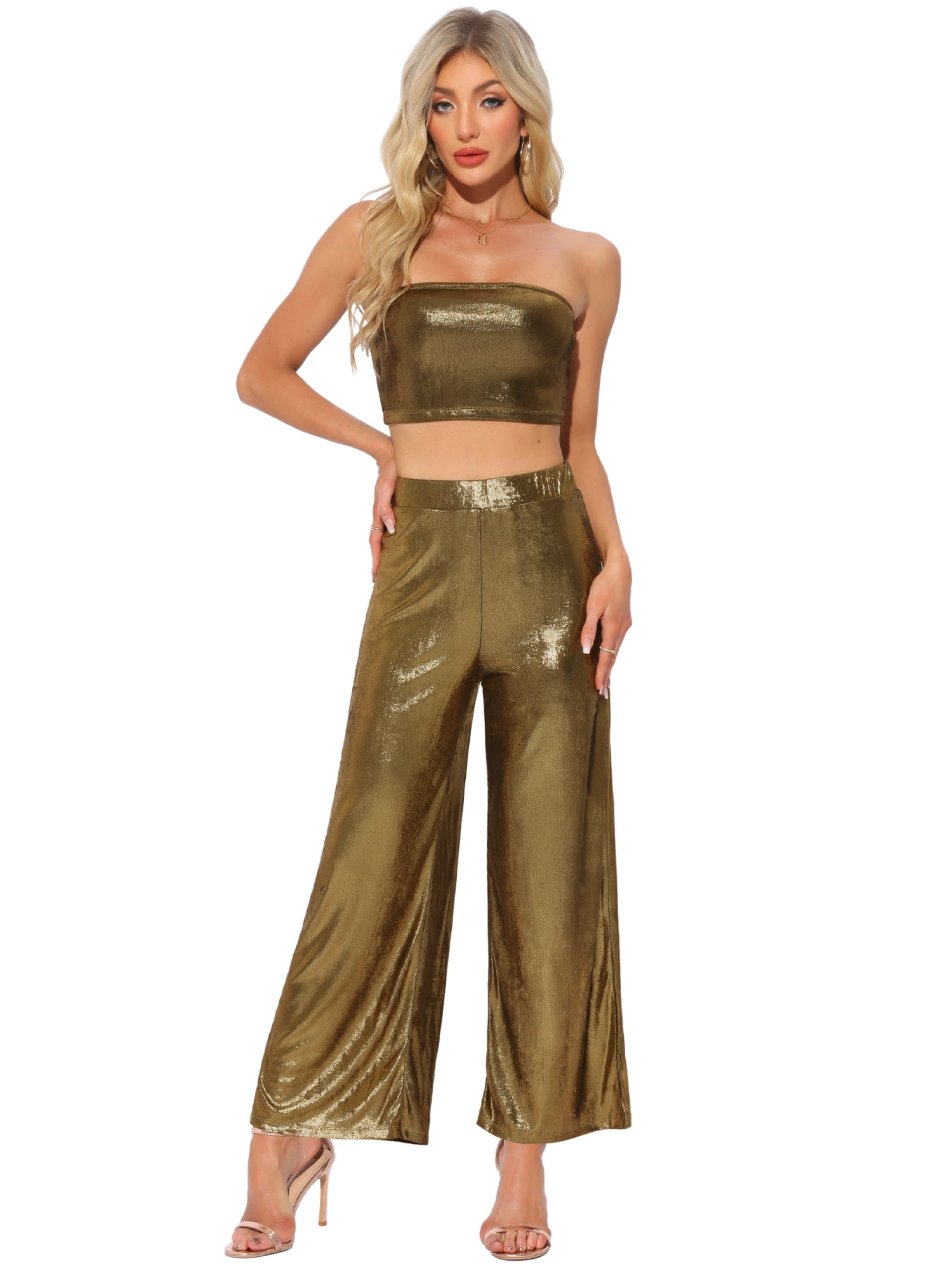 DARING DIVA Women's Metallic Party Club Flare Pants Cropped Tops Outfits L Black Gold