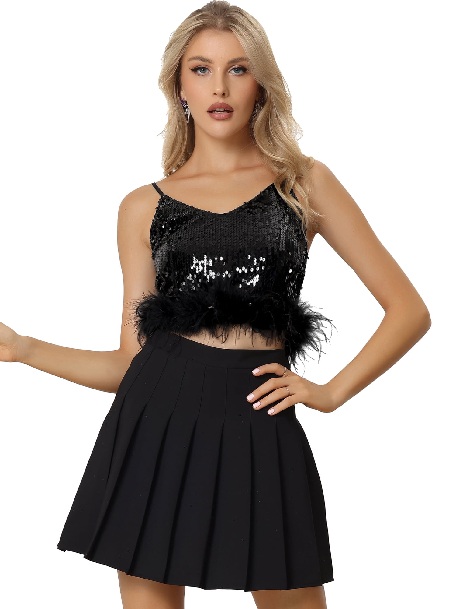 DARING DIVA Women's Metallic Sequin Crop Glitter V Neck Sleeveless Tops XS Black