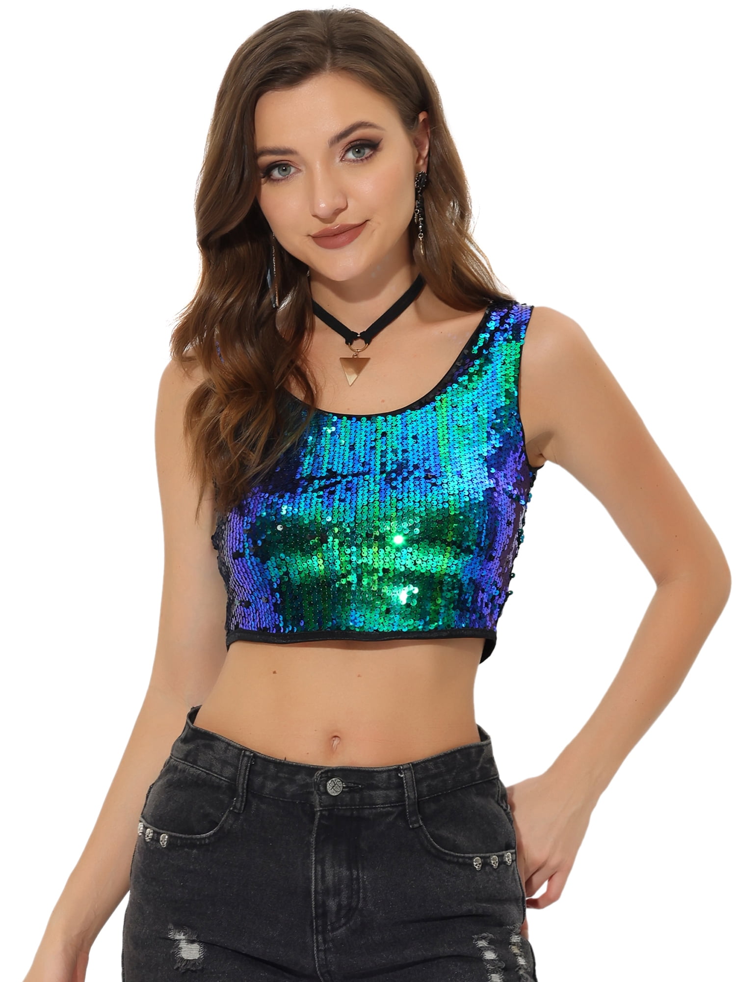 DARING DIVA Women's Metallic Sequin Scoop Neck Cropped Tank Top S Green Blue