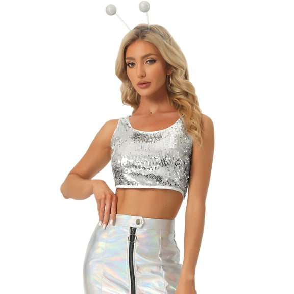 DARING DIVA Women's Metallic Sequin Scoop Neck Cropped Tank Top XL Silver