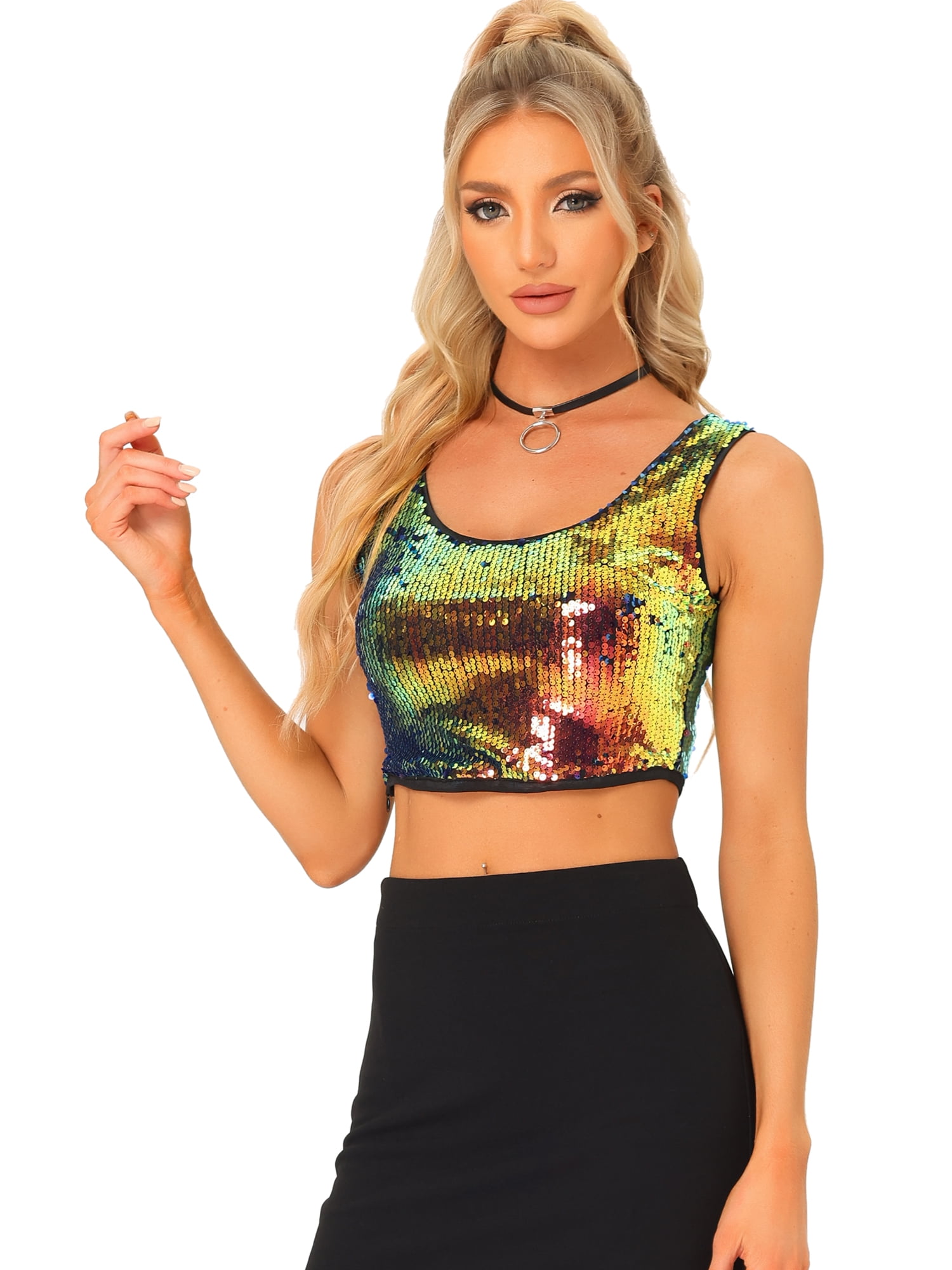 DARING DIVA Women's Metallic Sequin Scoop Neck Cropped Tank Top XS Gold Green