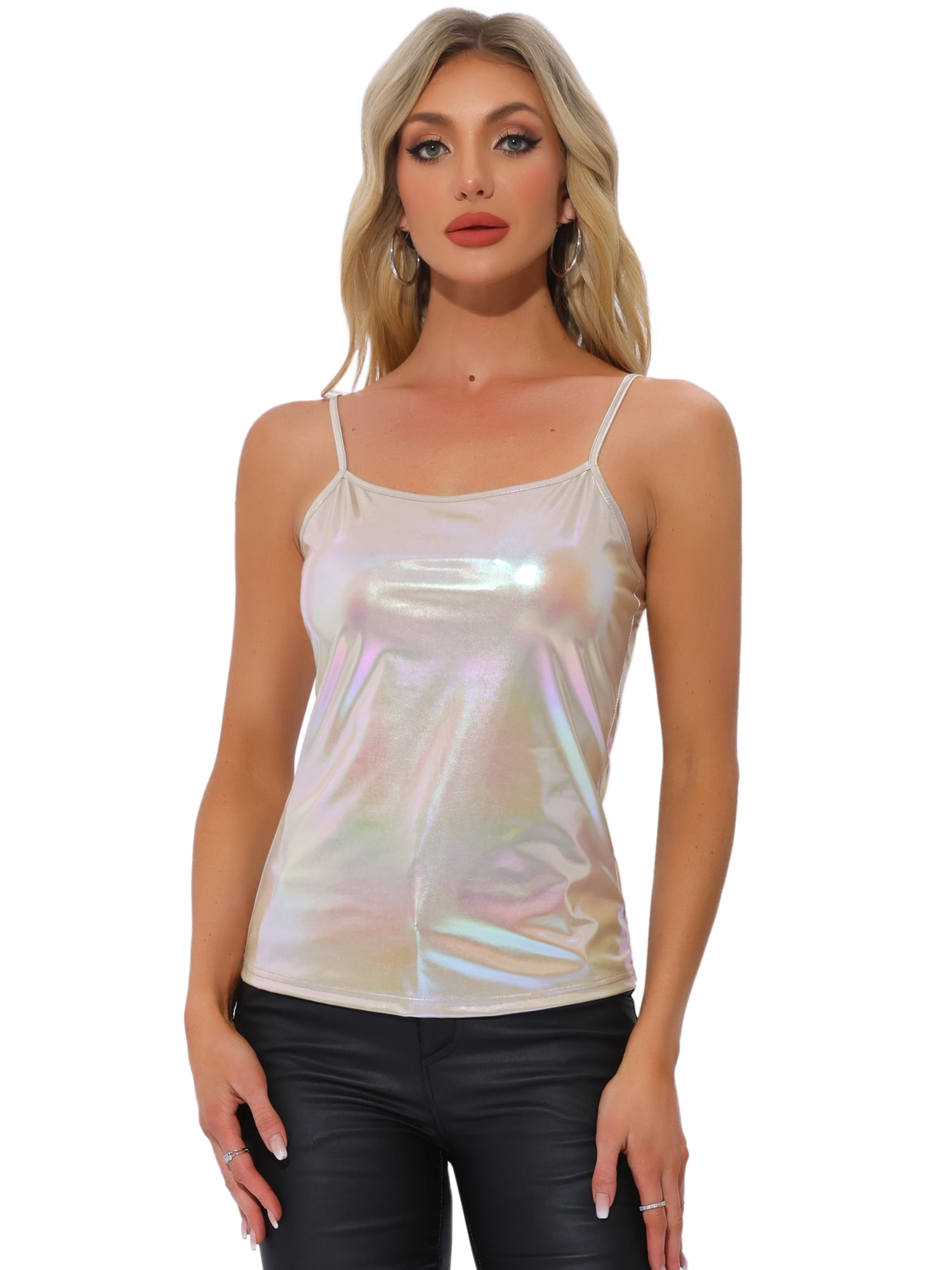 DARING DIVA Women's Metallic Sleeveless Slim Fit Cami Top L Beige Holographic
