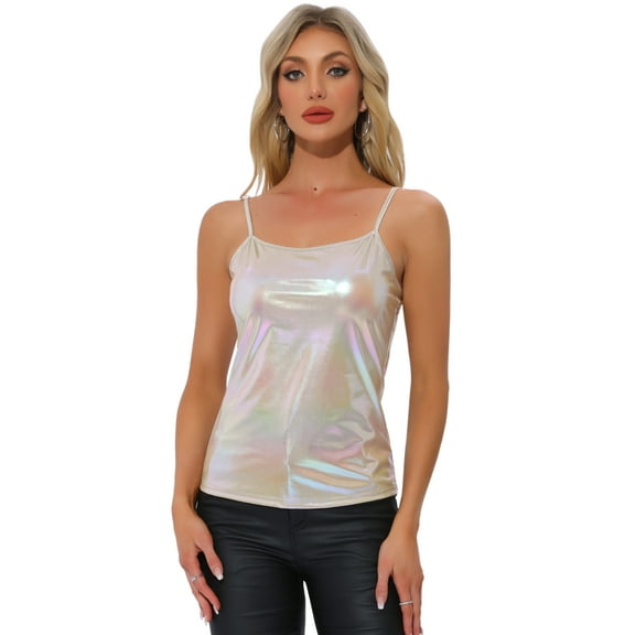 DARING DIVA Women's Metallic Sleeveless Slim Fit Cami Top XL Beige Holographic