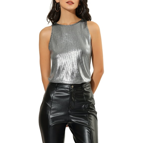 DARING DIVA Women's Metallic Sleeveless Tank Top L Dark Silver