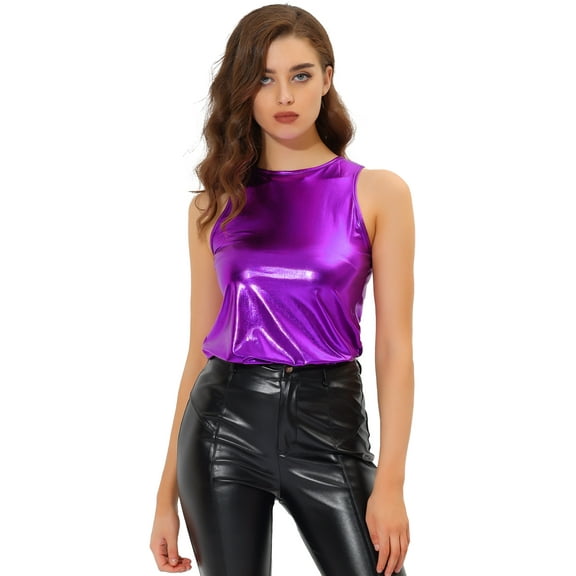DARING DIVA Women's Metallic Sleeveless Tank Top XL Purple