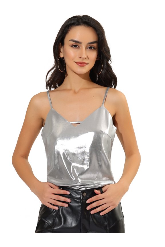 Women's Metallic Spaghetti Straps Cut Out Party Cami Top L Silver