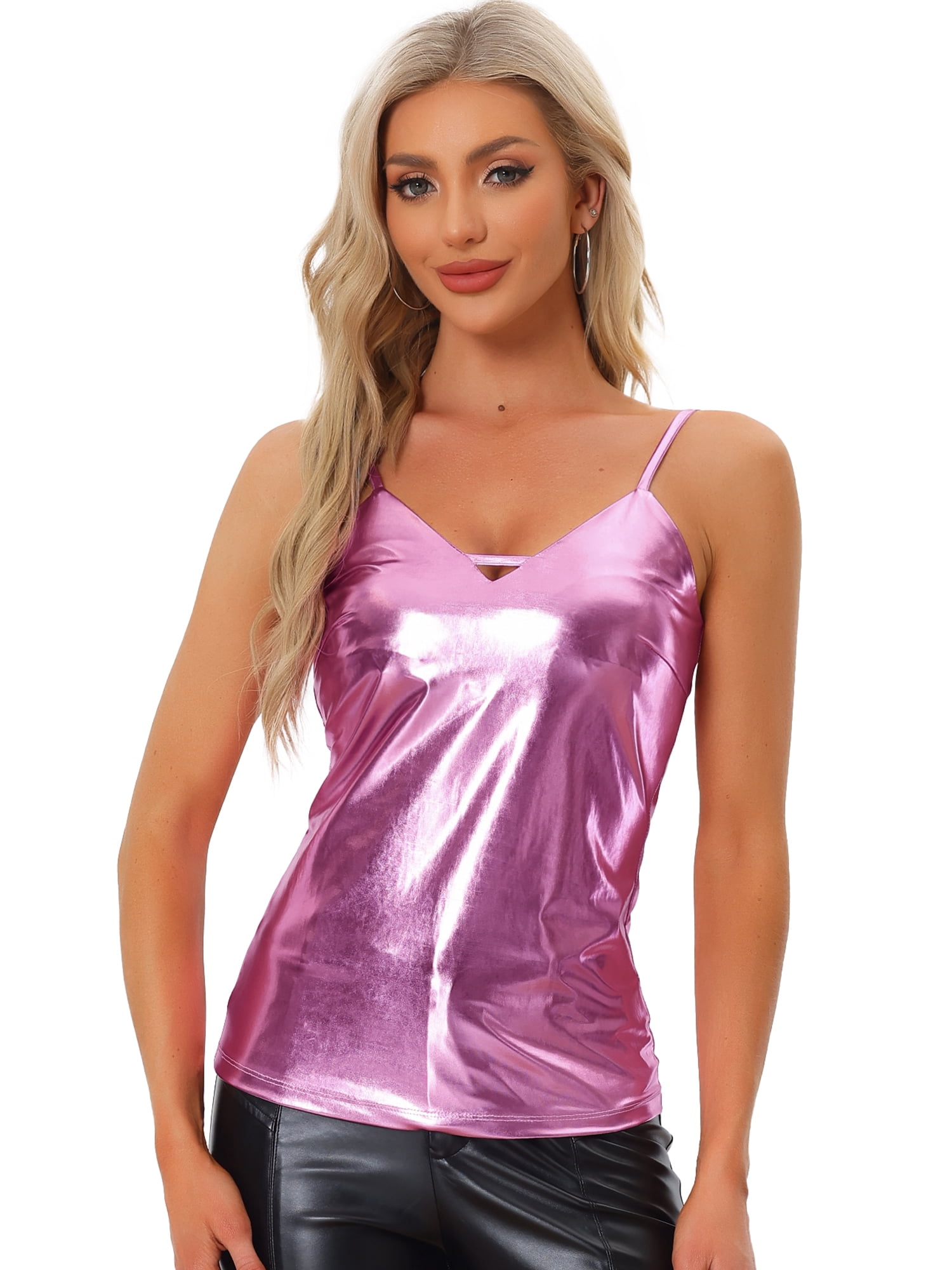 DARING DIVA Women's Metallic Spaghetti Straps Cut Out Party Cami Top M Pink