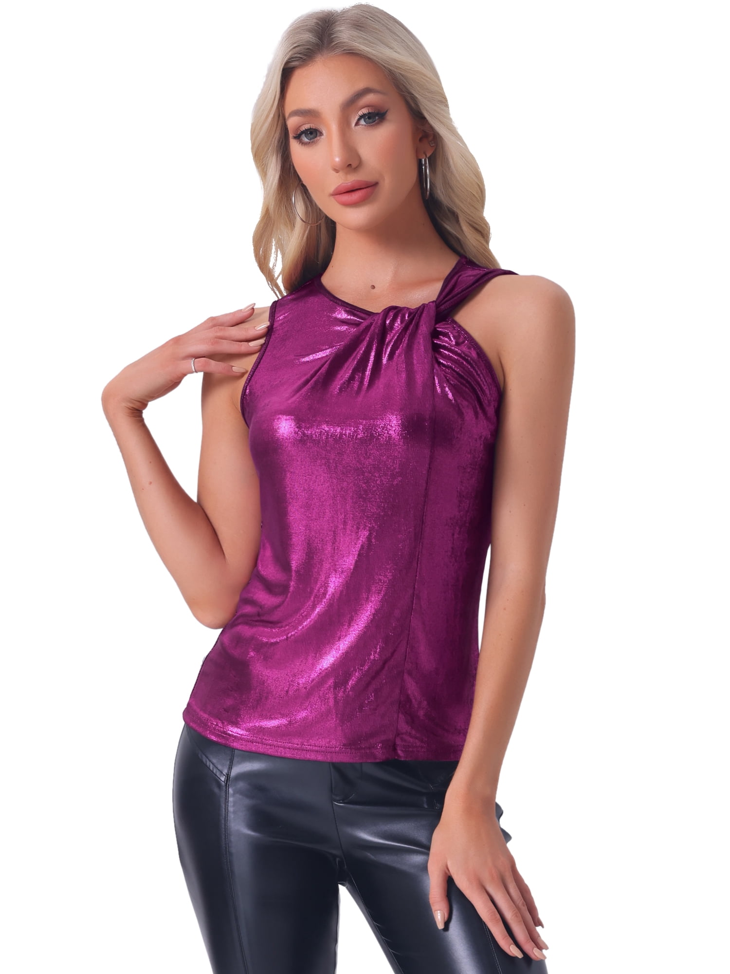 DARING DIVA Women's Metallic Tank Top Twist Knot Sparkly Cami Tops M Purplish