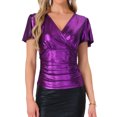 thumbnail image 1 of DARING DIVA Women's Metallic V Neck Ruffle Sleeve Shiny Wrap Blouse L Purple, 1 of 6