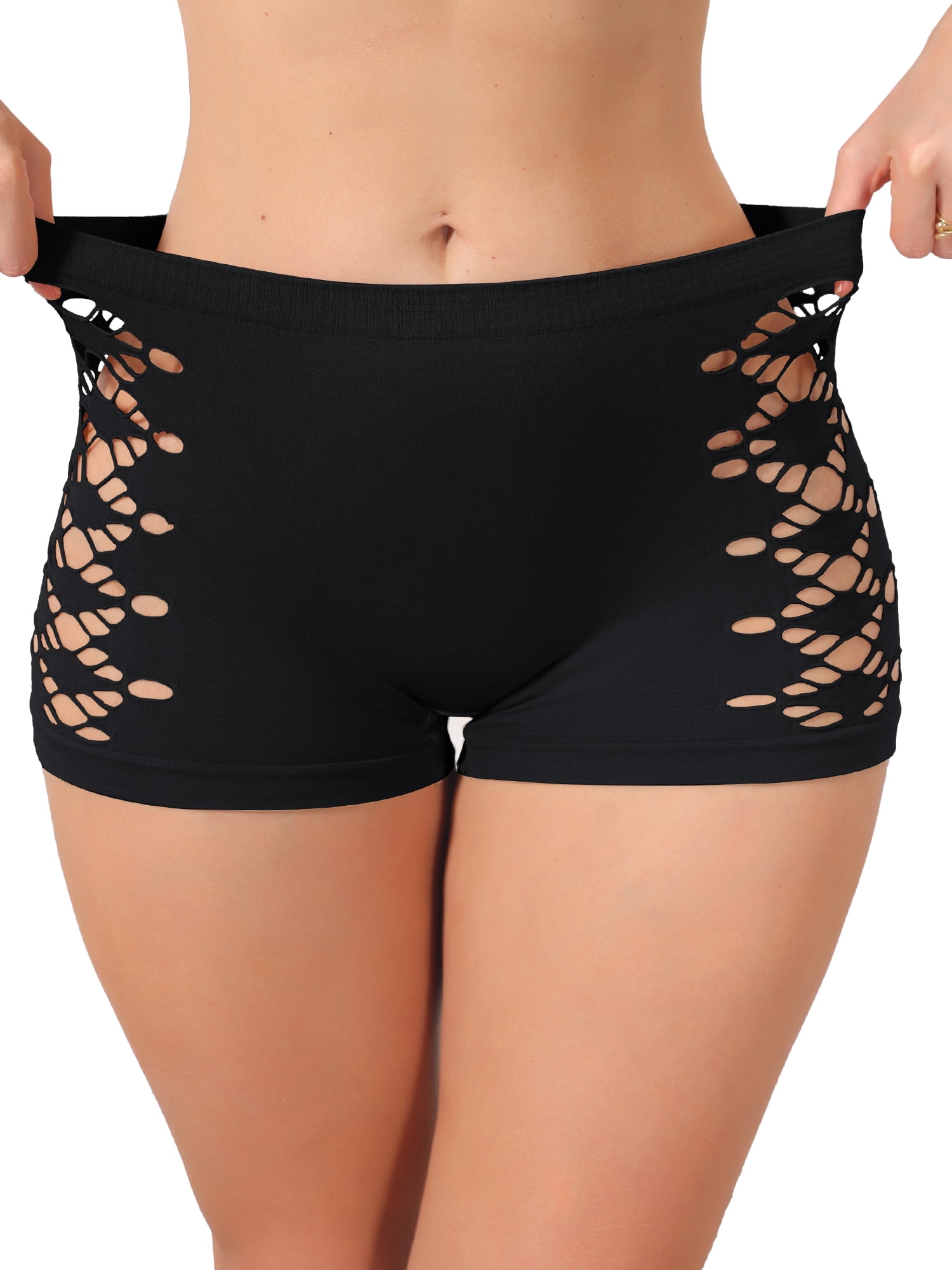 DARING DIVA Women's Mid Rise Boyshorts Hollow Stretchy Butt Lifter Slip Shorts L Black