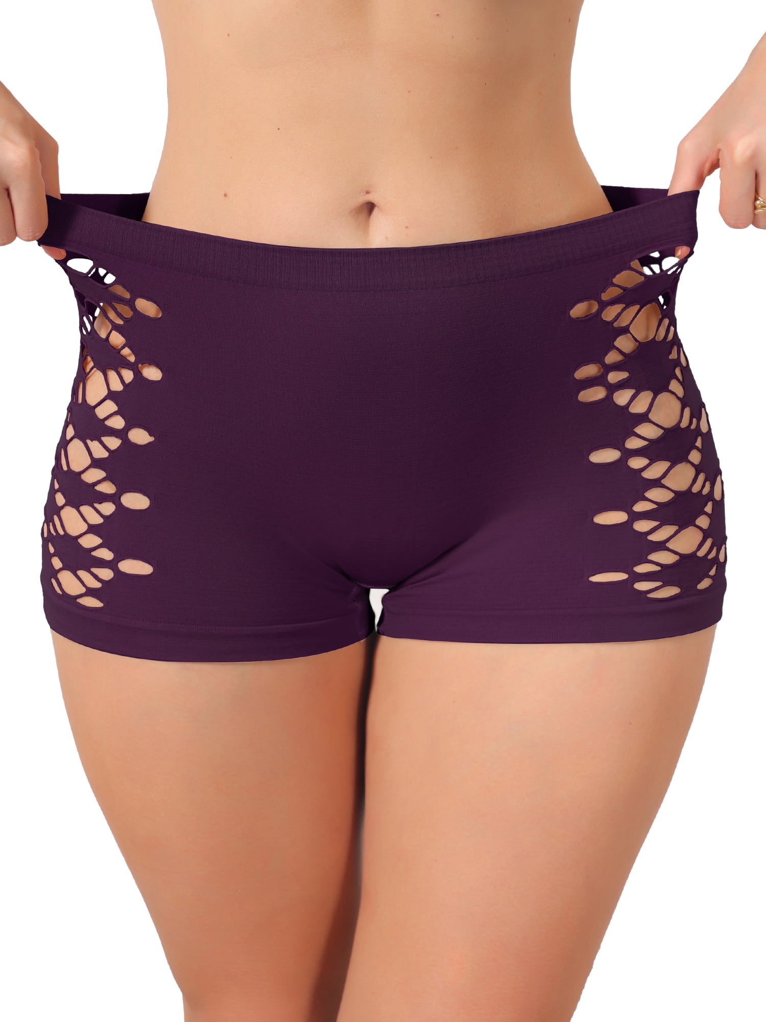 DARING DIVA Women's Mid Rise Boyshorts Hollow Stretchy Butt Lifter Slip Shorts M Purple