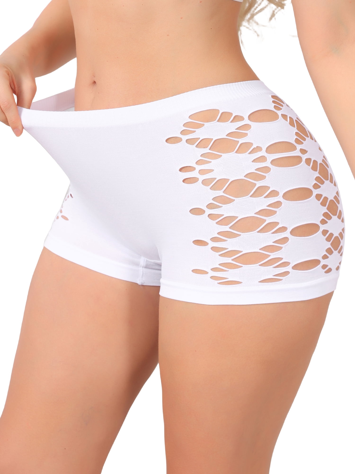 DARING DIVA Women's Mid Rise Boyshorts Hollow Stretchy Butt Lifter Slip Shorts M White
