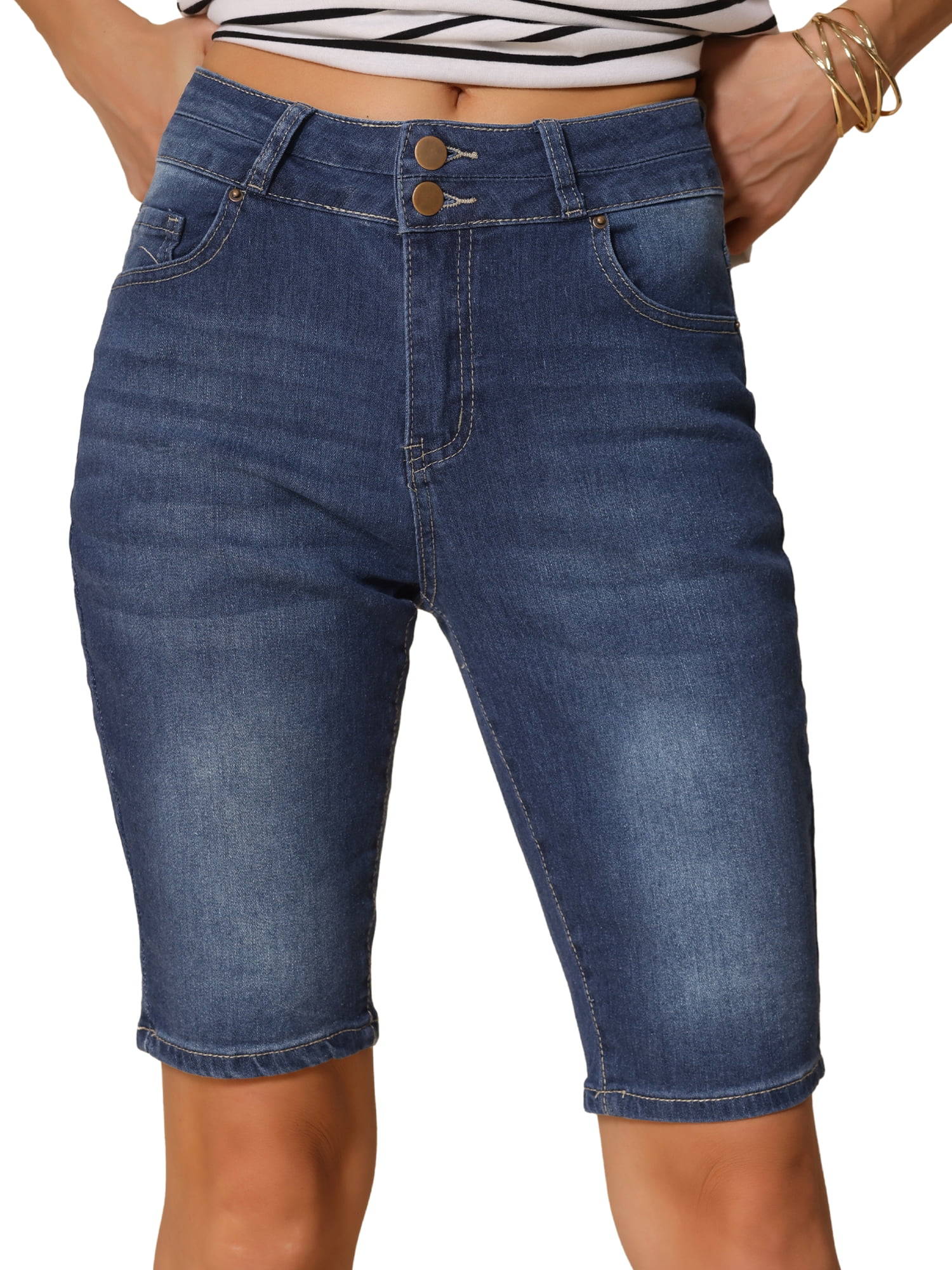 DARING DIVA Women's Mid Rise Waist Denim Bermuda Shorts with Pockets XS Blue