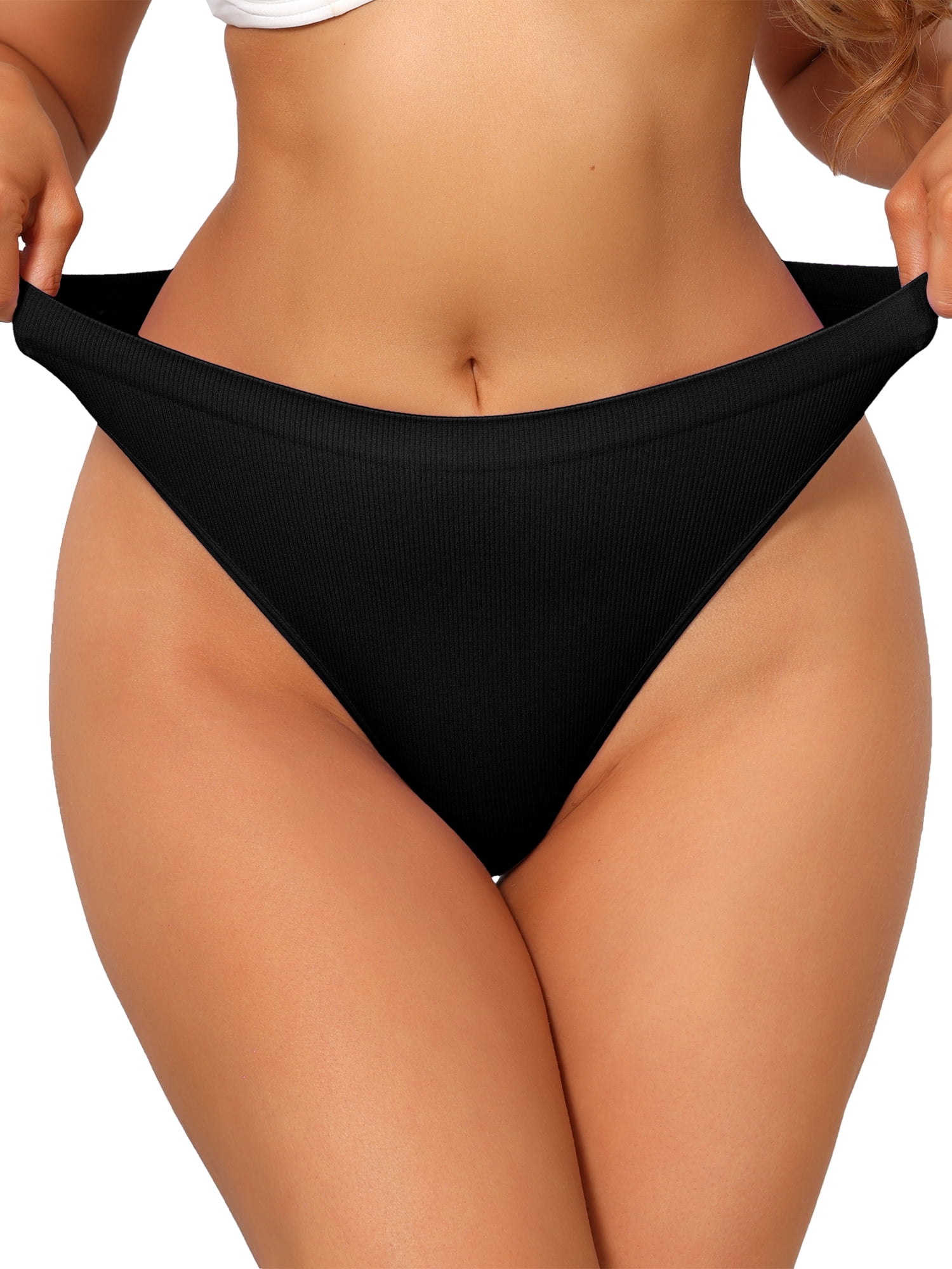 DARING DIVA Women's Mid Waisted Ribbed Bikini High Cut Panties Large Black