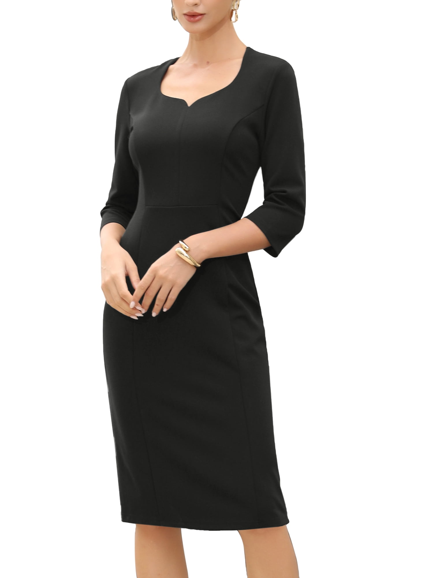 DARING DIVA Women's Midi 3/4 Sleeve Sweet Heart Neck Hight Waist Dress L Black