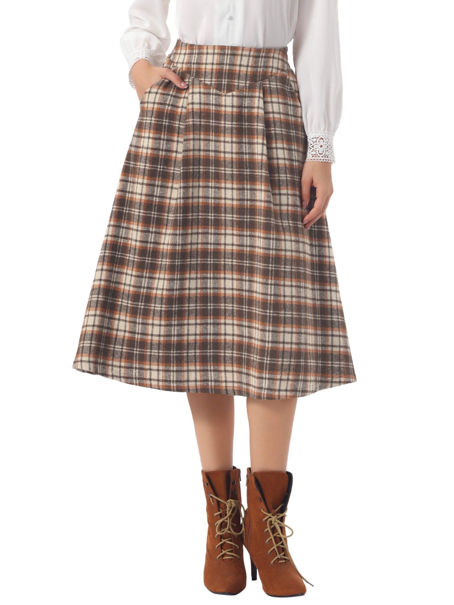 DARING DIVA Women's Midi A-Line Pleated Skirts with Pockets X-Large Brown