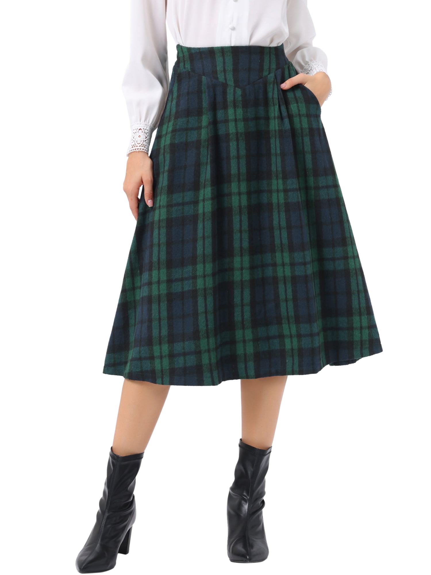 DARING DIVA Women's Midi A-Line Pleated Skirts with Pockets X-Large Dark Green