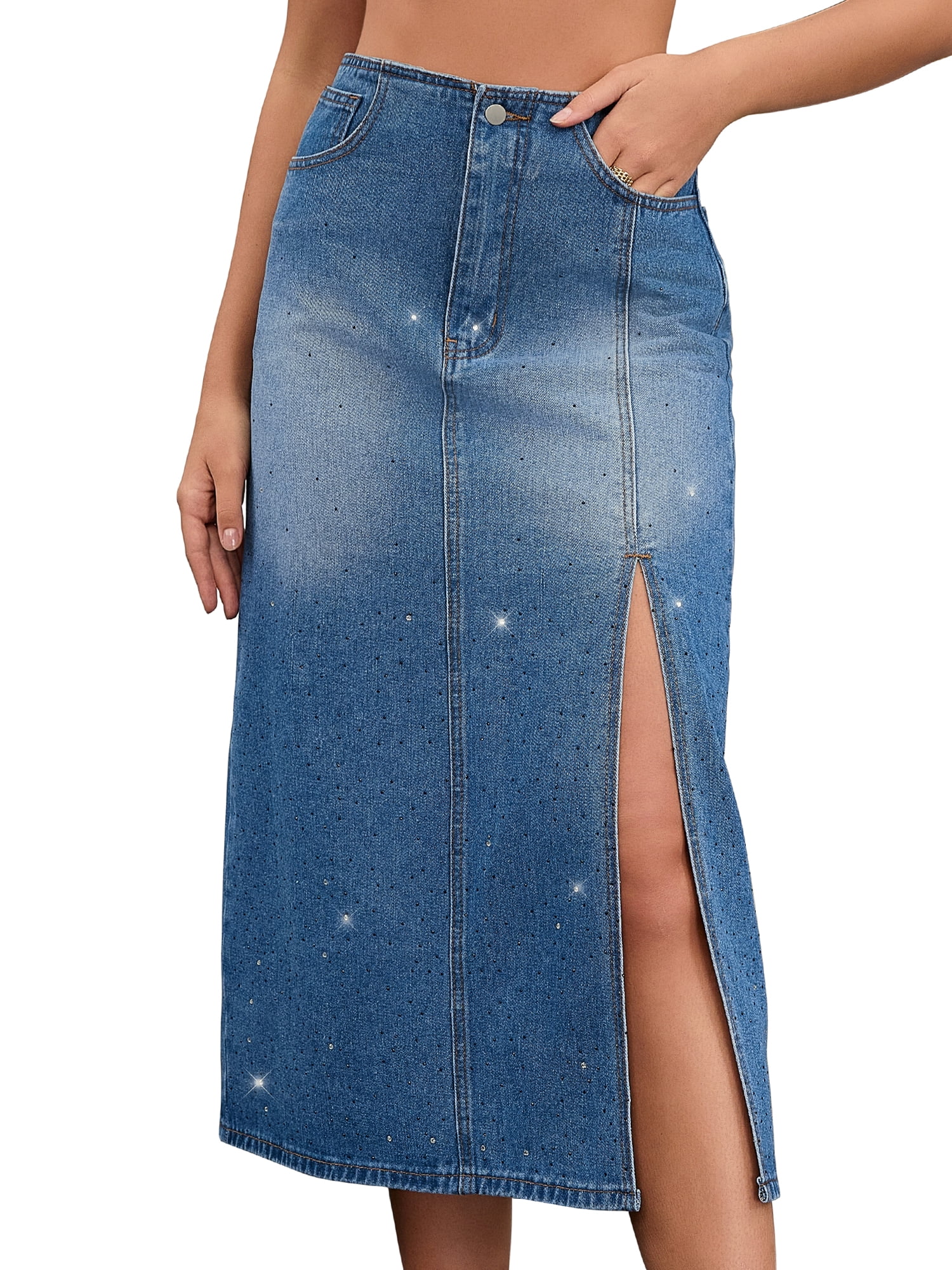 DARING DIVA Women's Midi Denim Skirt Side Split Rhinestone Jean Skirts Small Blue