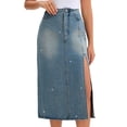 thumbnail image 1 of DARING DIVA Women's Midi Denim Skirt Side Split Rhinestone Jean Skirts Small Gray Blue, 1 of 7