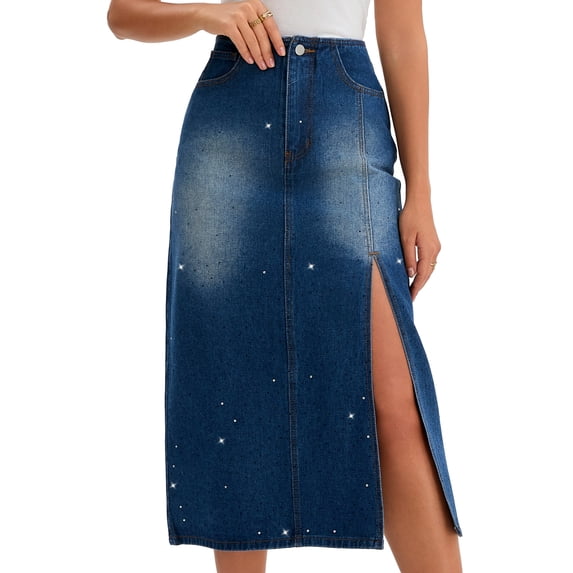 DARING DIVA Women's Midi Denim Skirt Side Split Rhinestone Jean Skirts X-Large Dark Blue