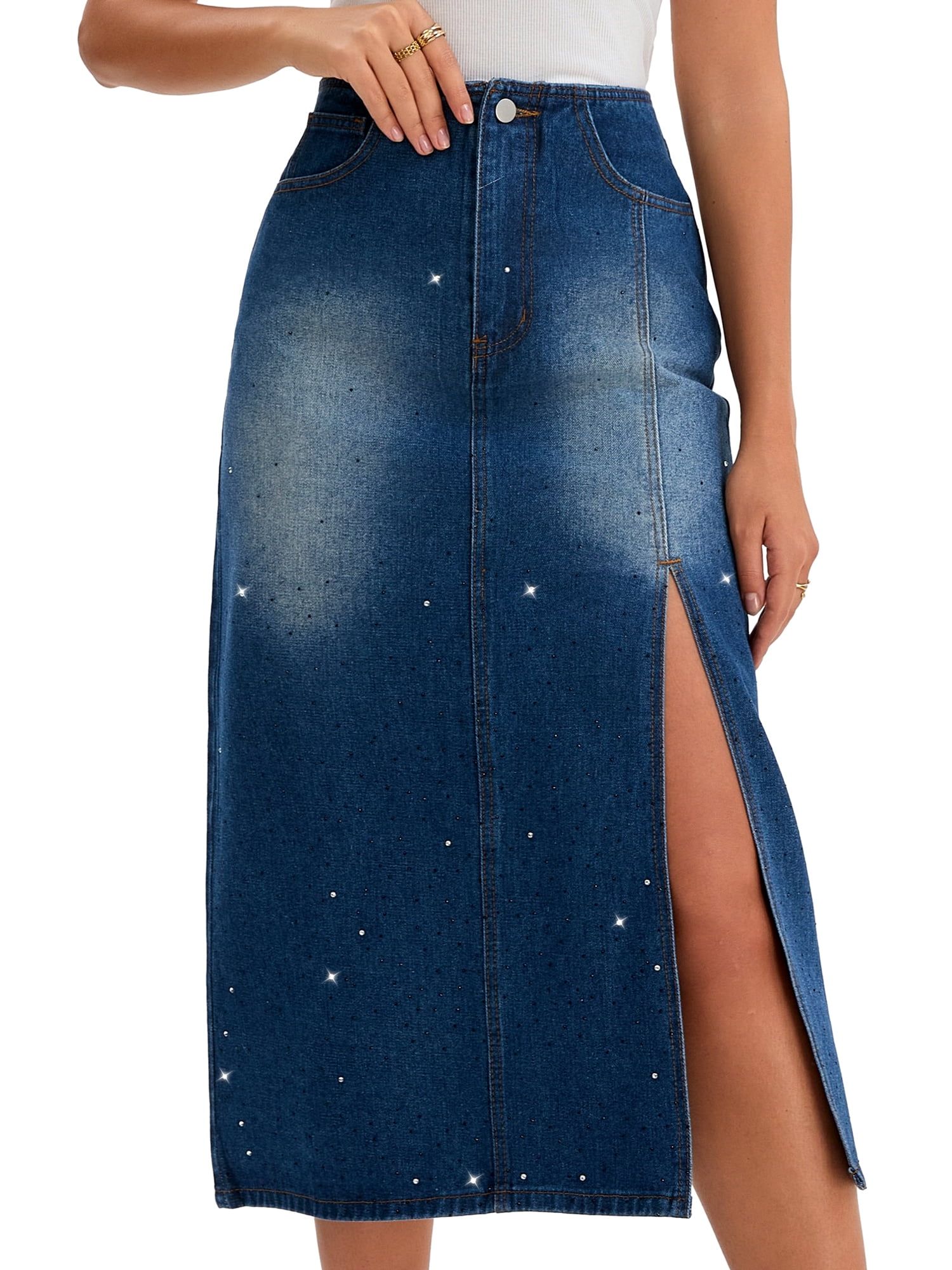 DARING DIVA Women's Midi Denim Skirt Side Split Rhinestone Jean Skirts XX-Large Dark Blue