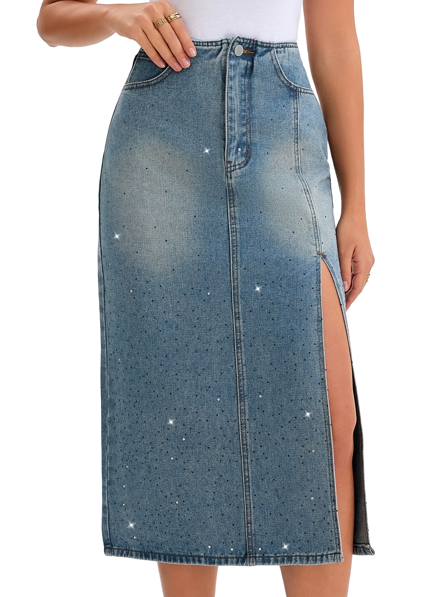 DARING DIVA Women's Midi Denim Skirt Side Split Rhinestone Jean Skirts XX-Large Gray Blue