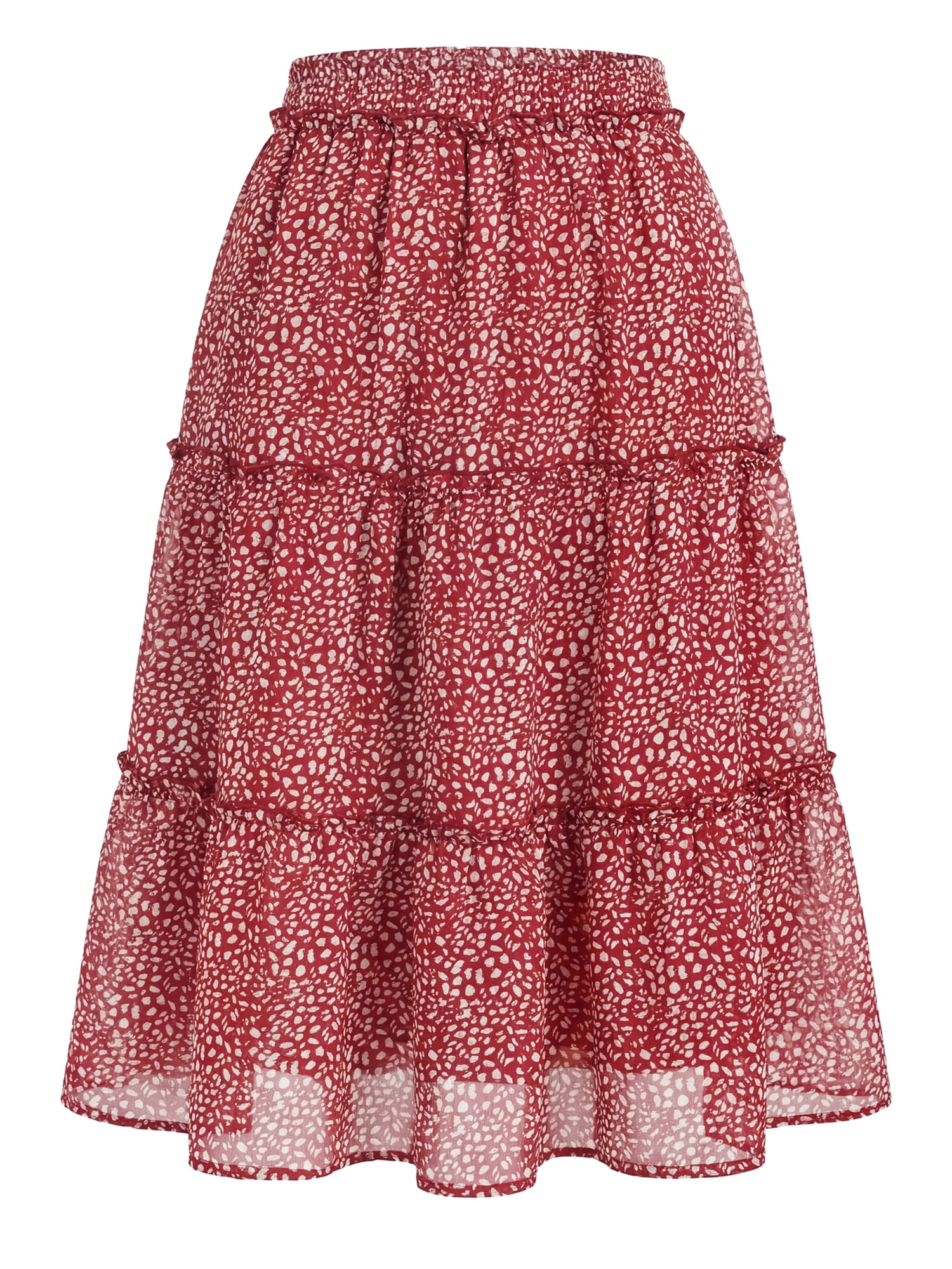 DARING DIVA Women's Midi Elastic A-Line Ruffle Flowy Skirts Small Wine Red