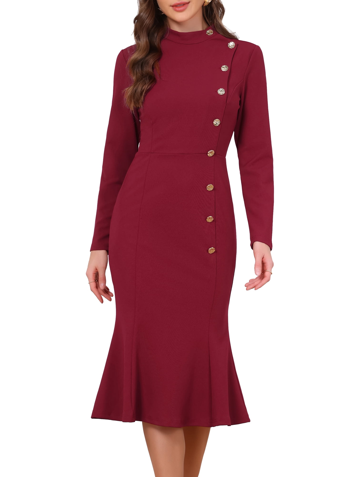 DARING DIVA Women's Midi Fishtail Dress Long Sleeve Stand Neck Work Dress M Wine Red