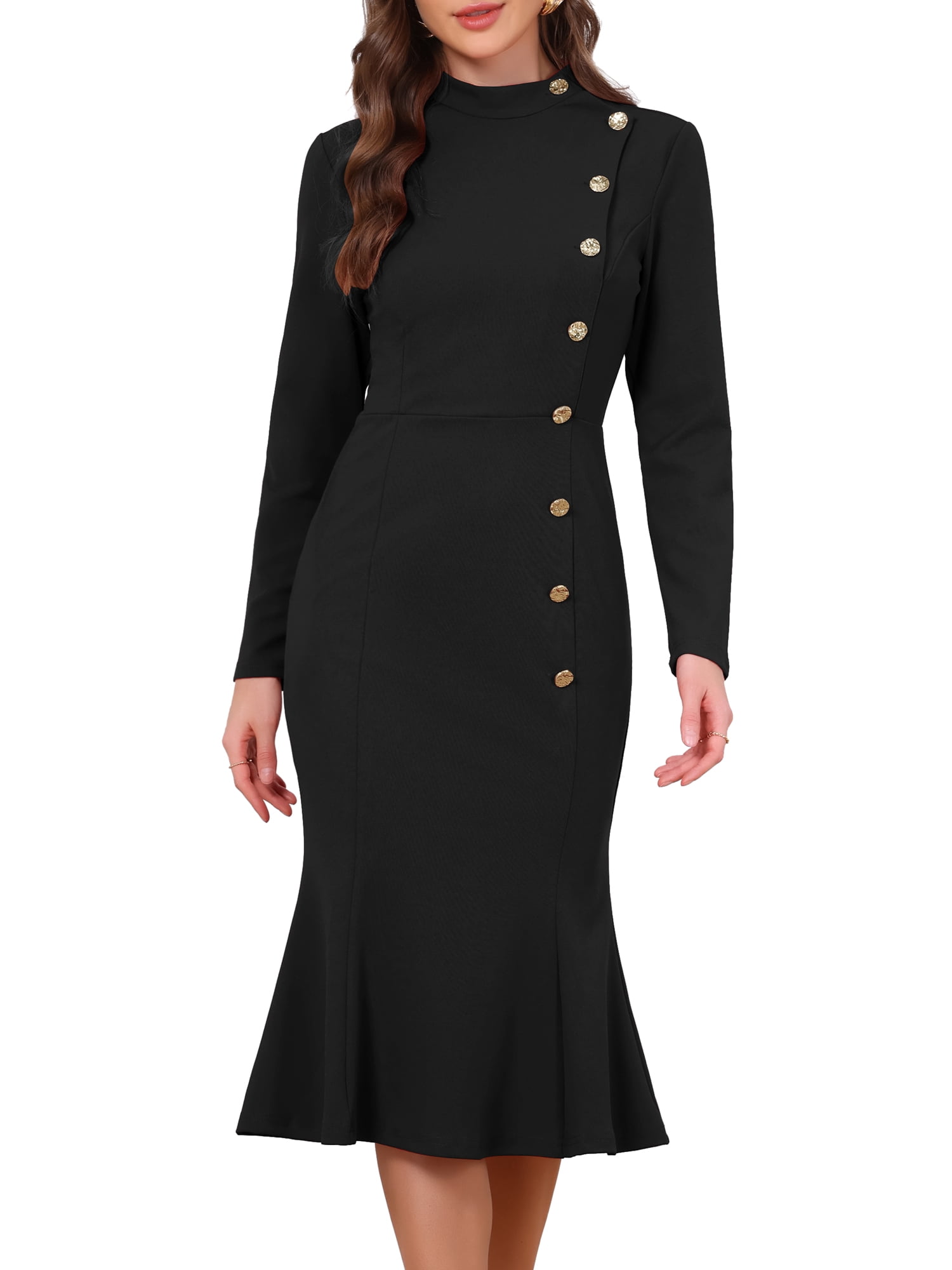 DARING DIVA Women's Midi Fishtail Dress Long Sleeve Stand Neck Work Dress S Black