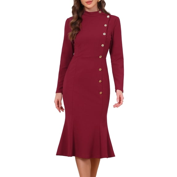 DARING DIVA Women's Midi Fishtail Dress Long Sleeve Stand Neck Work Dress XS Wine Red