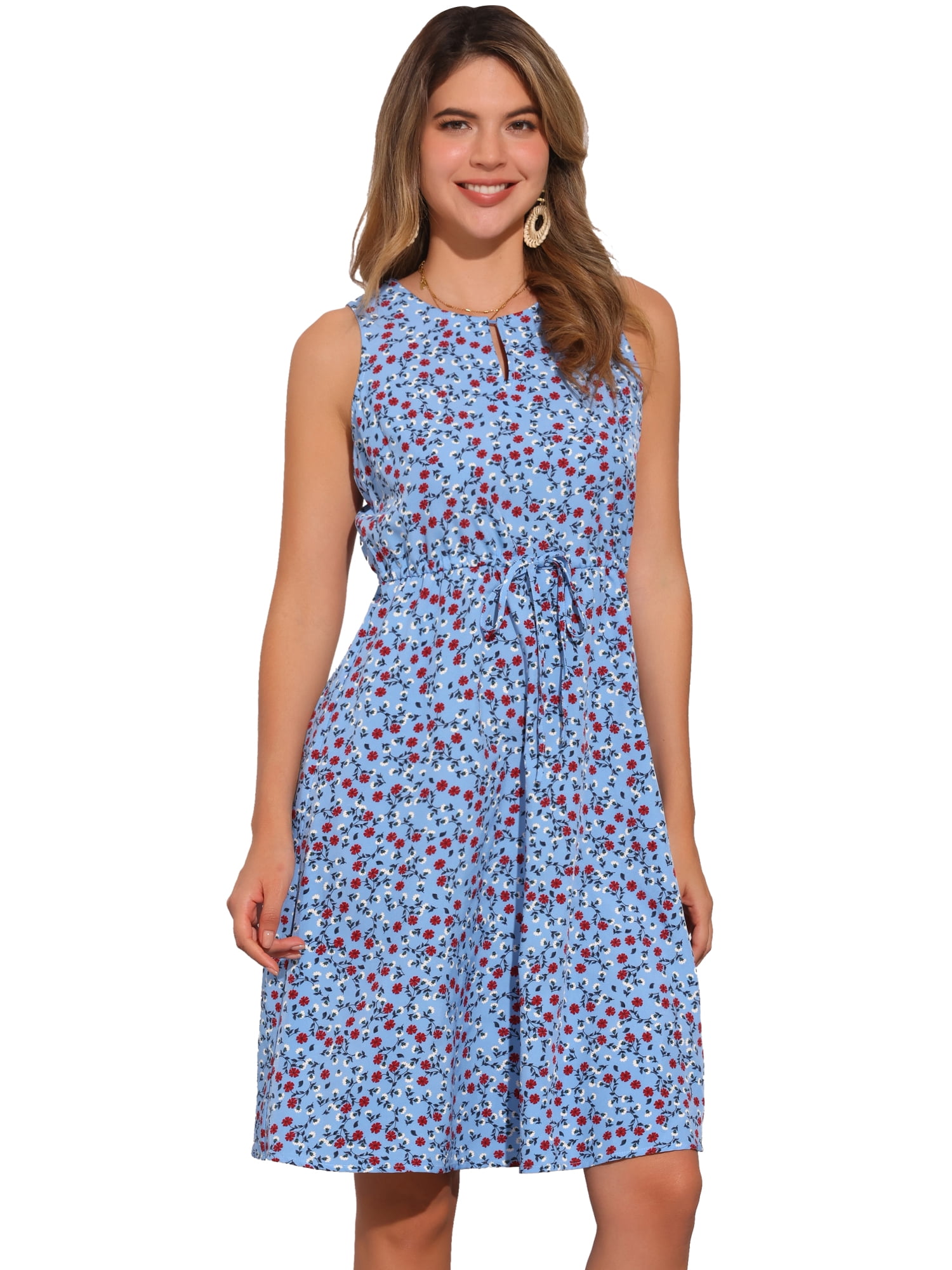 DARING DIVA Women's Midi Floral Summer Casual Sleeveless Dress L Blue Red