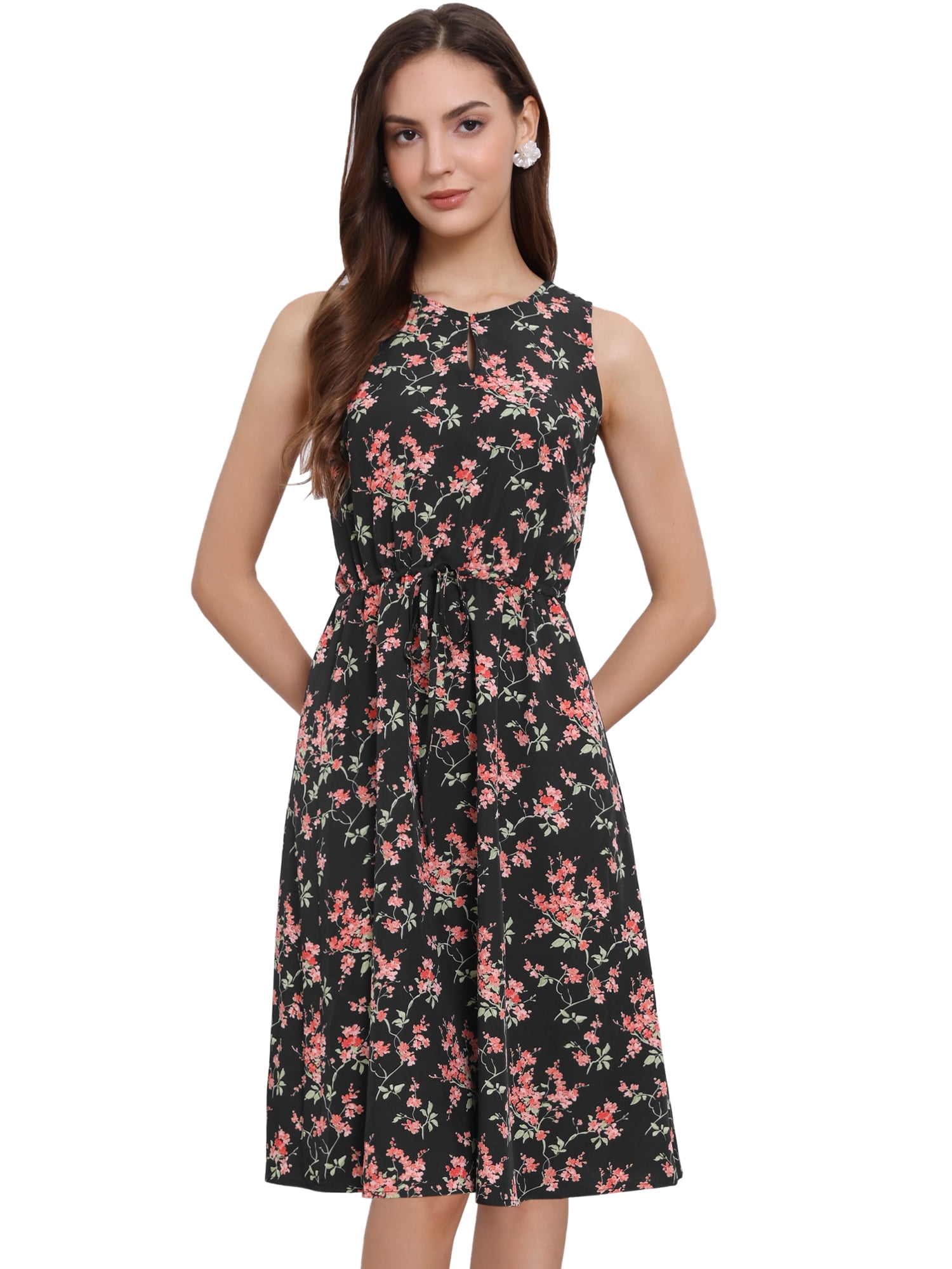 DARING DIVA Women's Midi Floral Summer Casual Sleeveless Dress S Black Red